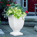 A white Mayne planter with green leaves and red flowers.
