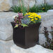 An espresso Mayne Valencia planter with yellow flowers on an outdoor patio table.