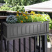 A Mayne Cape Cod graphite grey window box on a deck with yellow flowers.