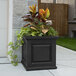 A Mayne black square planter box with plants in it.