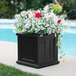 A black square Mayne Cape Cod planter with white flowers in it.