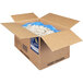 A cardboard box with a blue plastic bag of Barilla Pre-Cooked Frozen Penne Pasta inside.