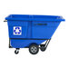 A blue Rubbermaid tilt truck with a recycle symbol on it.