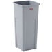 A grey Rubbermaid square trash can.