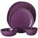 An American Metalcraft Crave purple melamine dinner set with a plate and three bowls.