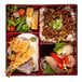A red tray with a variety of food including Waygu Vegan Teriyaki Beef slices.