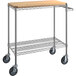 A metal serving cart with a wooden shelf.