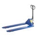 A blue pallet truck with a black handle.