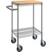 A metal utility cart with wooden shelves and a U-shaped handle.