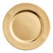 A close-up of a gold Choice charger plate with a white background.
