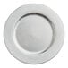 A round silver plastic charger plate with a smooth rim.