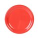 A close-up of a red Thunder Group melamine plate with a wide rim.