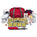 A red First Aid Only emergency preparedness bag with grey straps and a white cross on it.