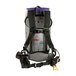 The back of a grey and black ProTeam backpack vacuum with black straps.