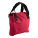 A red bag with black straps and handles.