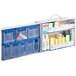 A white metal First Aid Only cabinet with blue and white first aid supplies inside.