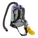 A ProTeam backpack vacuum cleaner with a hose attached.