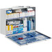 A white metal First Aid Only 2-shelf first aid cabinet filled with medical supplies.