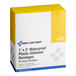 A white and yellow First Aid Only box of 50 waterproof adhesive bandages.
