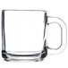 A clear glass Libbey warm beverage mug with a handle.
