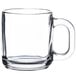 A case of 12 clear glass Libbey warm beverage mugs with handles.