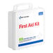 A white First Aid Only Class B first aid kit with a blue lid.
