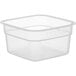 A clear plastic Cambro square container with a lid.