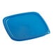 A blue square plastic container lid.