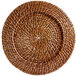 An Acopa round wicker charger plate with a spiral pattern on a white background.
