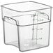 A clear square Cambro FreshPro food storage container with green writing.