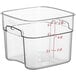 A Cambro Clear polycarbonate square food storage container with measurements.