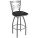 A Holland Bar Stool stainless steel outdoor counter stool with a black seat and a chrome finish.