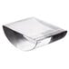 A clear glass block with a curved edge on a white background.