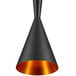 A black cone-shaped lamp shade with a metal base and gold interior.
