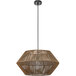 A Globe pendant light with a woven twine shade hanging in a restaurant.