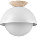 A white light fixture with a wood base.