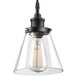 A Globe Vintage Matte Black plug-in pendant light with a clear glass shade.