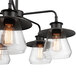 An oil rubbed bronze chandelier with three clear glass shades over light bulbs.