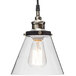 An industrial pendant light with a clear glass shade and light bulb inside.