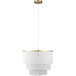 A white chandelier with fringes and gold trim.