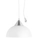 A white pendant light with a white globe shade and silver accents.