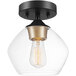 A Globe semi-flush mount light with a black finish and clear glass shade.