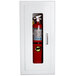A Strike First EL116 ELITE semi-recessed fire extinguisher cabinet with a full glass door holding a fire extinguisher.