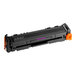 A remanufactured magenta printer toner cartridge for HP printers with black and purple text on the label.