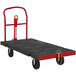 A black and red Rubbermaid cart with a black handle.