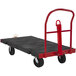A black and red Rubbermaid platform truck with black wheels.