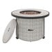 A 36" round stainless steel LP gas fire pit on a round outdoor patio table.