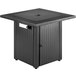 A square black stainless steel fire pit table with a door.