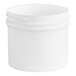 A close-up of a 2 oz. white plastic jar with a lid.