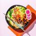 A bowl of noodles with vegetables and Blackbird Foods Original Seitan.